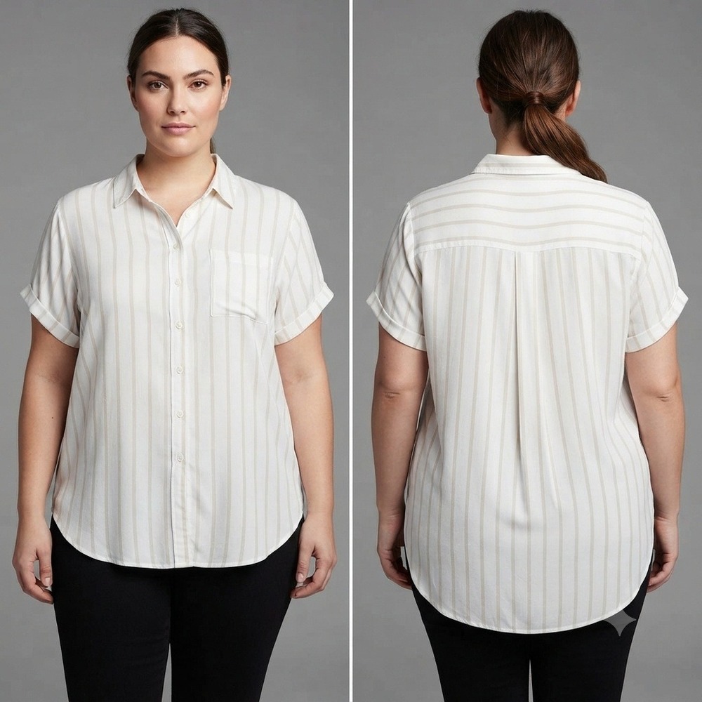 Workshop Republic Clothing Short Womens L Tan Striped‎ Rayon Short Sleeve